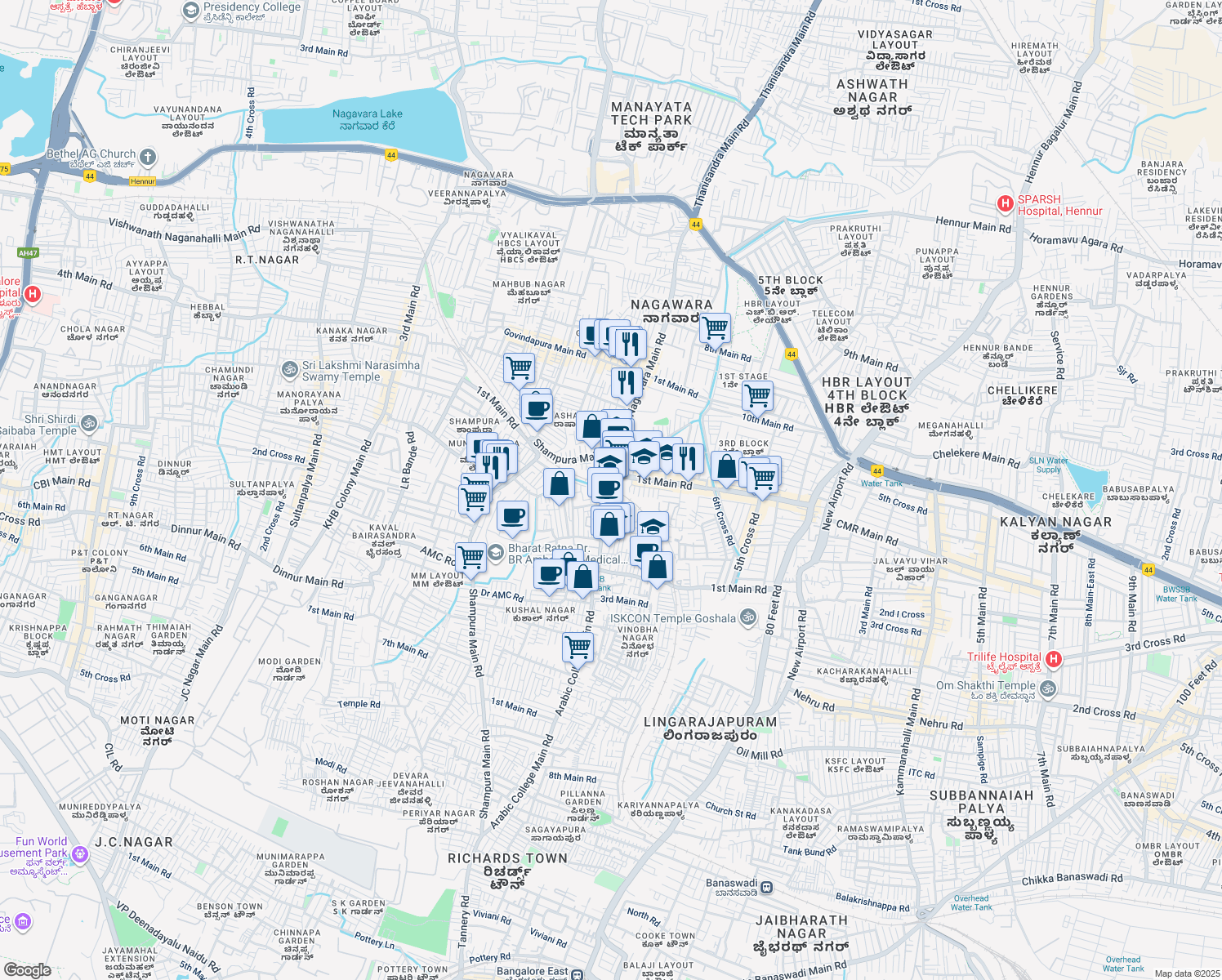 map of restaurants, bars, coffee shops, grocery stores, and more near in Bengaluru