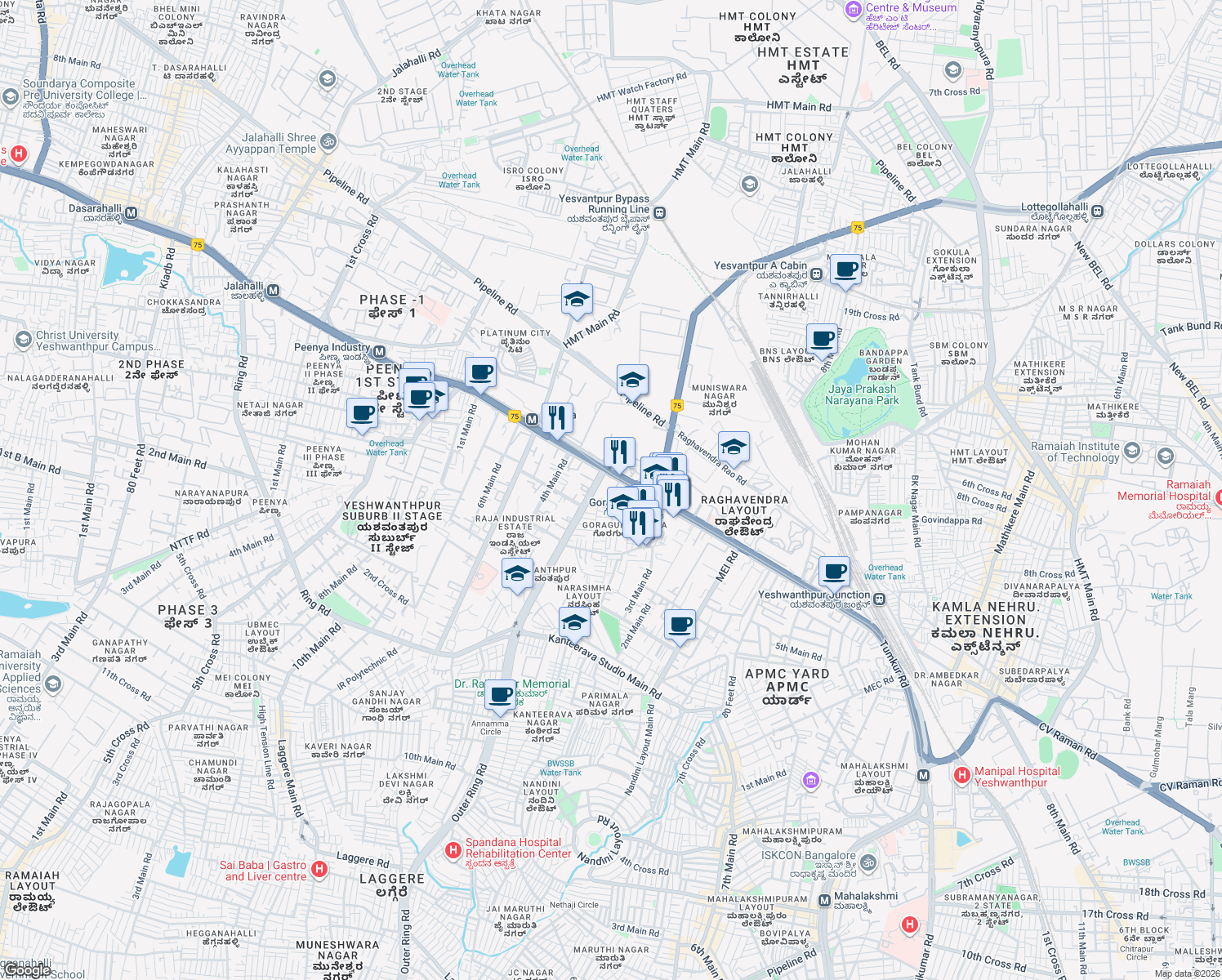 map of restaurants, bars, coffee shops, grocery stores, and more near in Bengaluru