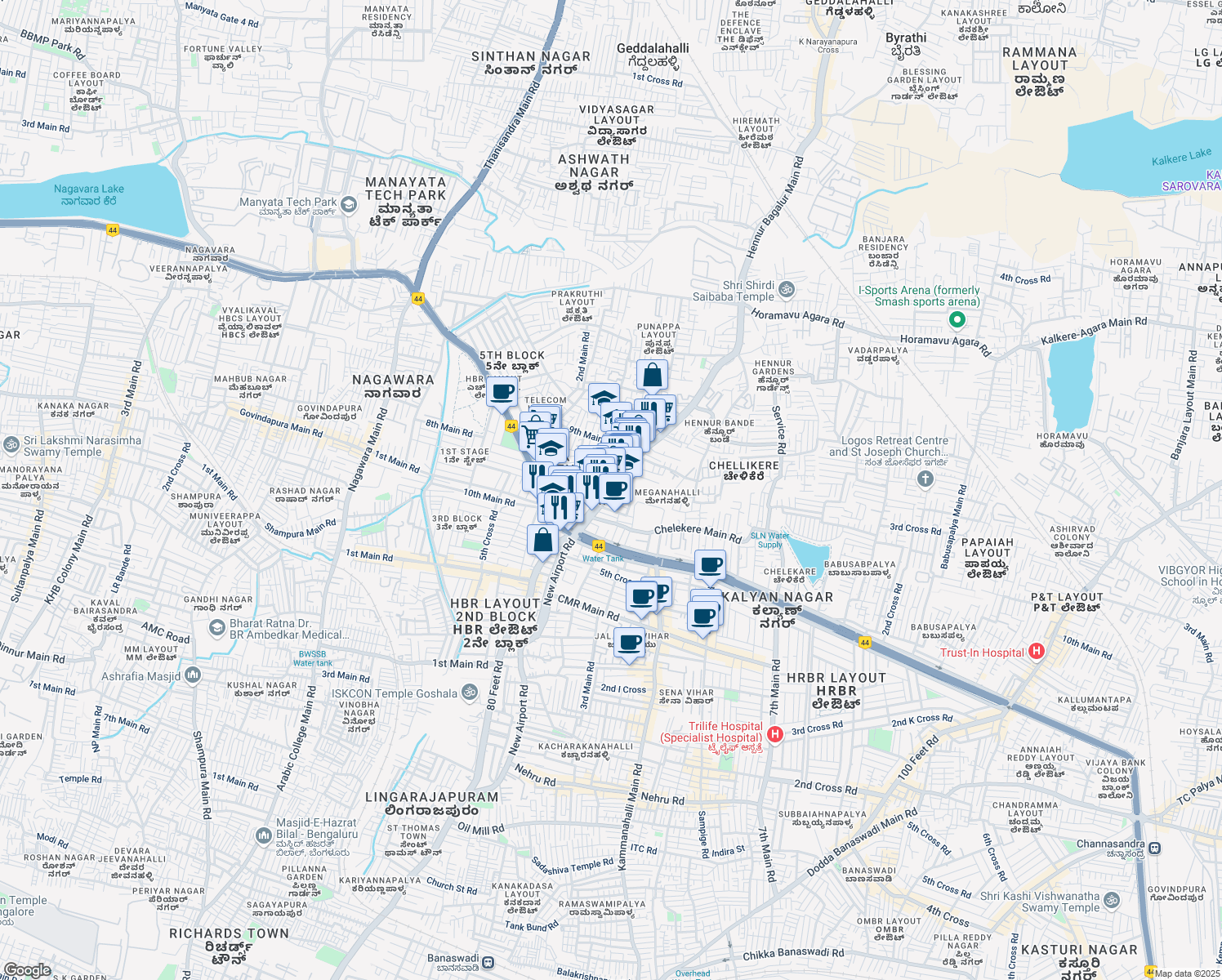 map of restaurants, bars, coffee shops, grocery stores, and more near Hennur Bagalur Road in Bangalore
