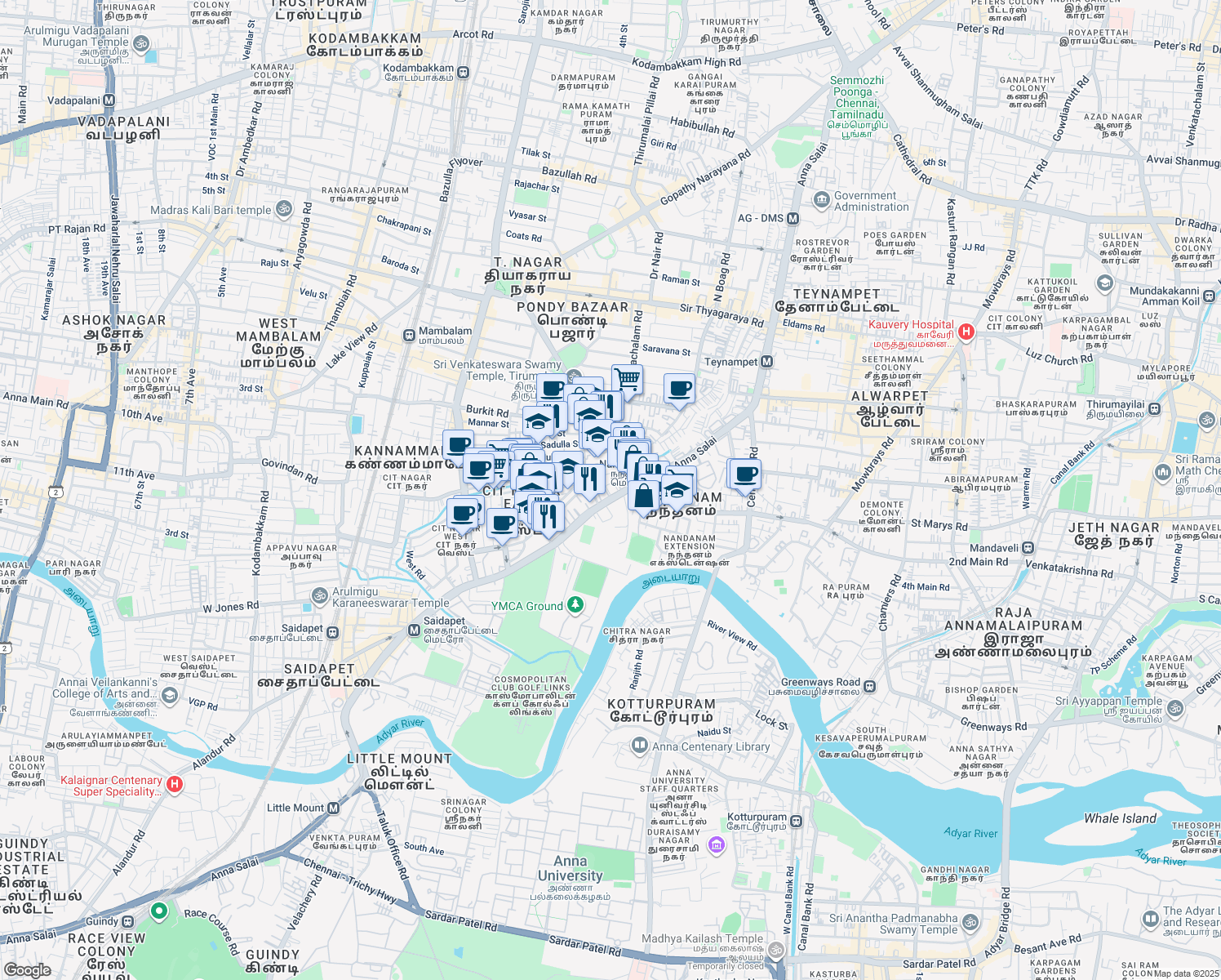 map of restaurants, bars, coffee shops, grocery stores, and more near 477-482 Anna Salai in Chennai