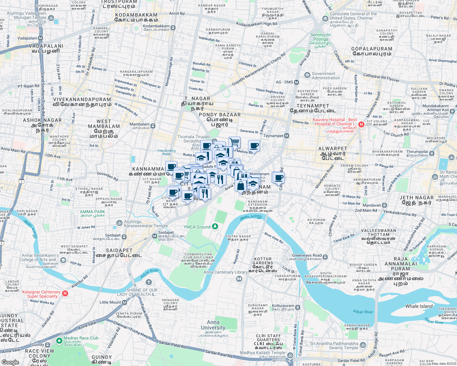 map of restaurants, bars, coffee shops, grocery stores, and more near 477-482 Anna Salai in Chennai