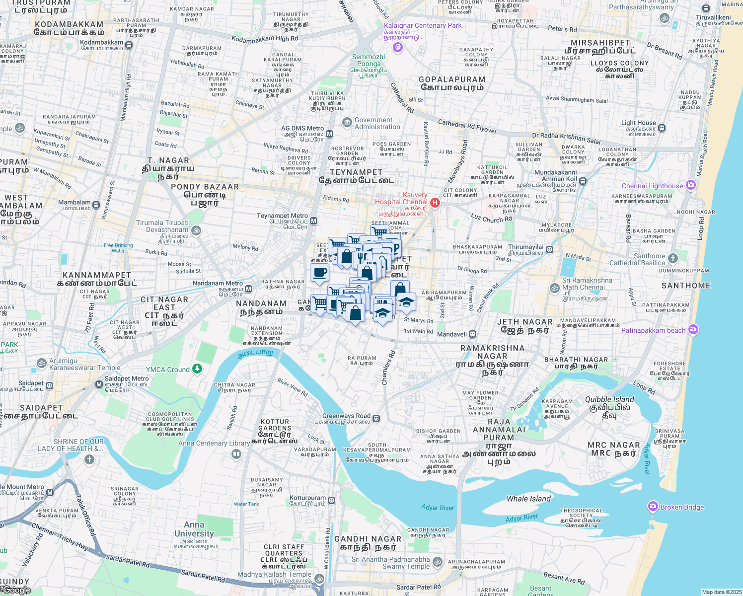 map of restaurants, bars, coffee shops, grocery stores, and more near Mowbrays Road in Chennai