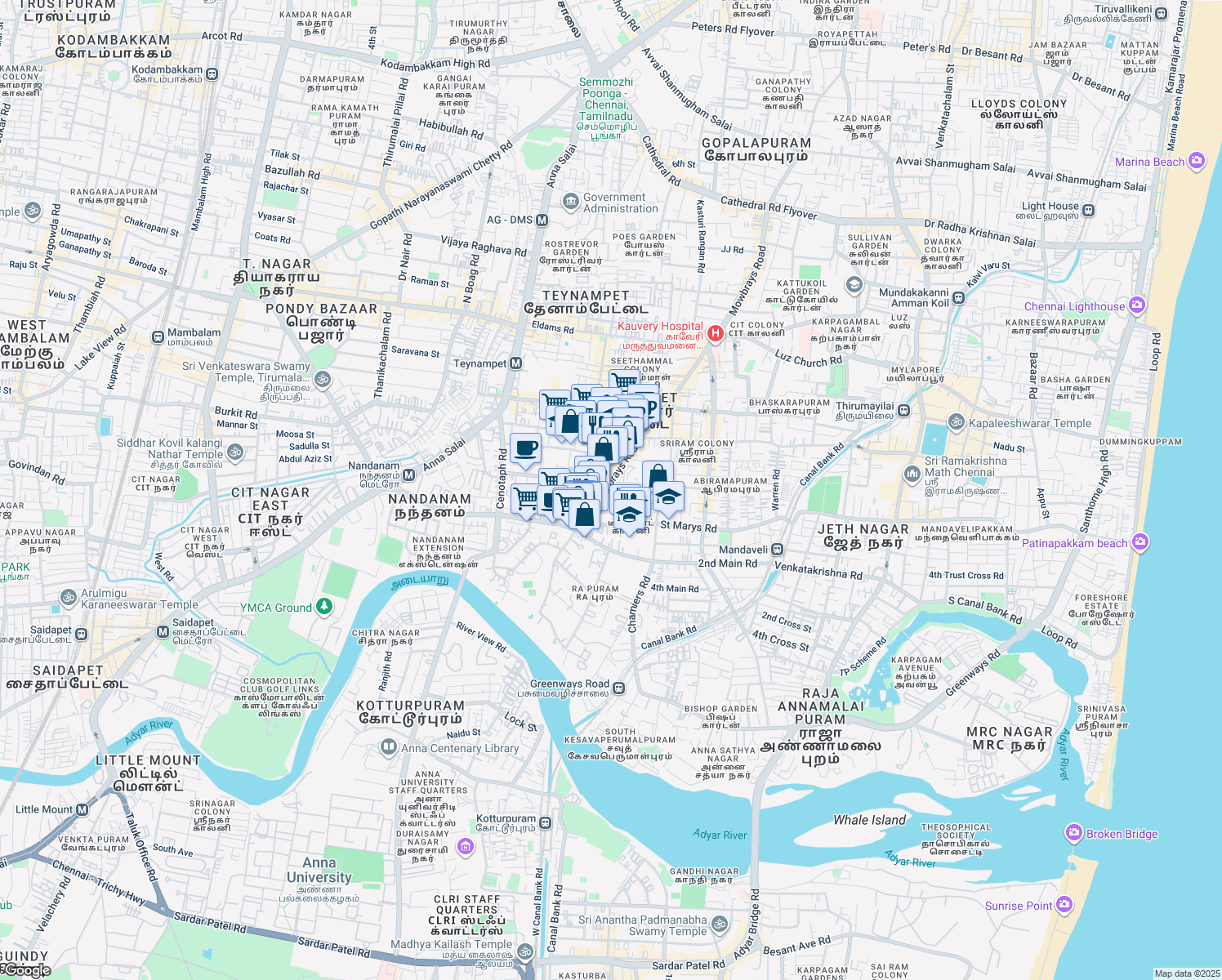map of restaurants, bars, coffee shops, grocery stores, and more near Mowbrays Road in Chennai