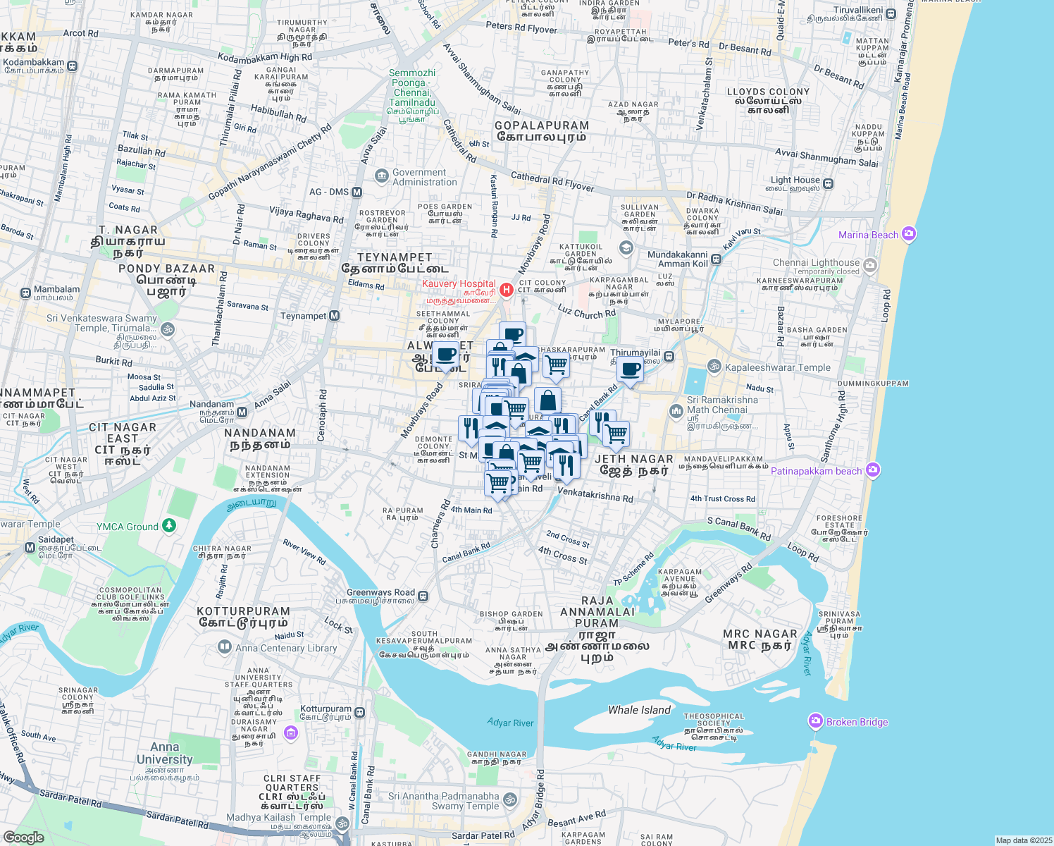 map of restaurants, bars, coffee shops, grocery stores, and more near 100 Abhiramapuram 4th Street in Chennai
