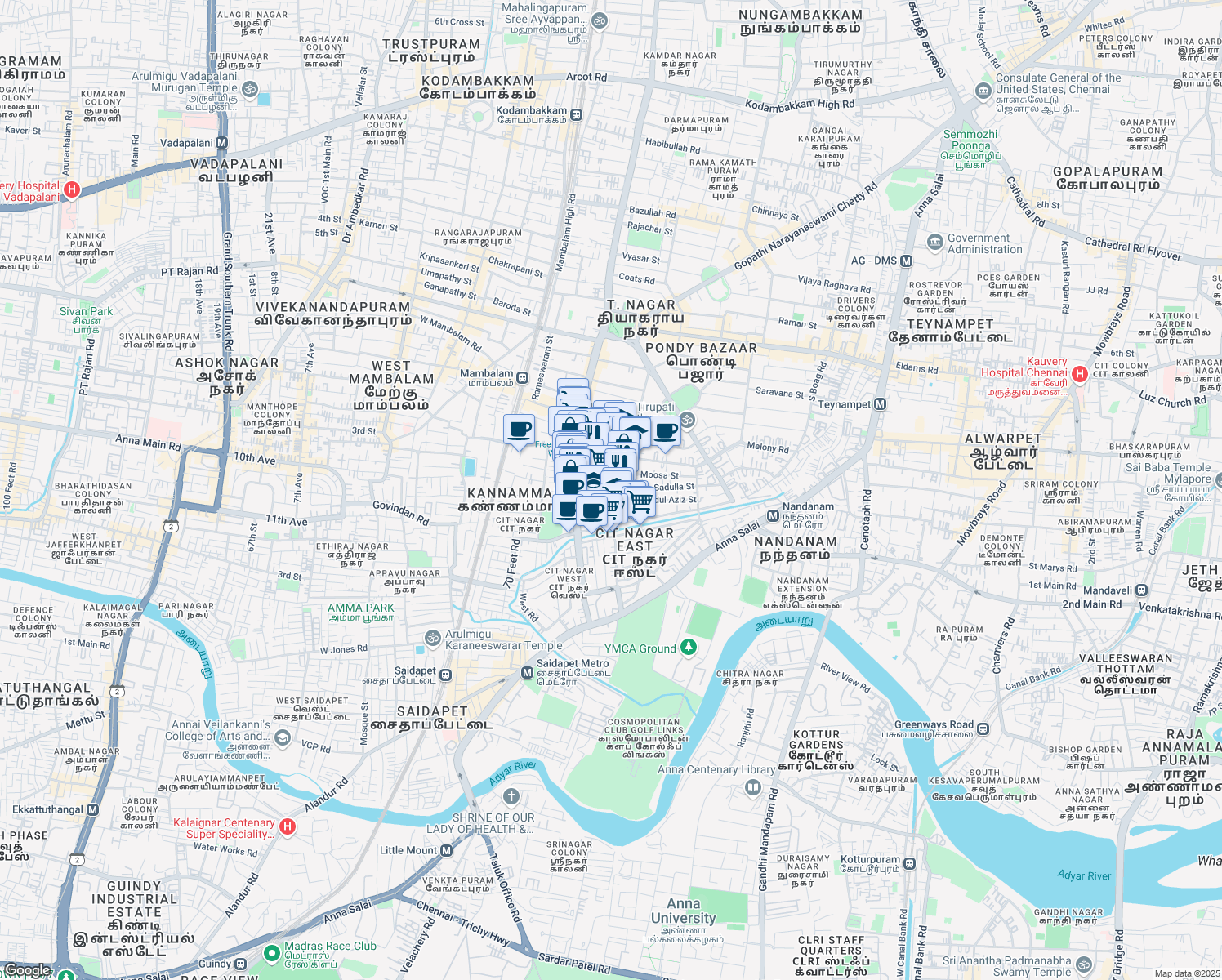 map of restaurants, bars, coffee shops, grocery stores, and more near 7-1-2 Sivaji Street in Chennai