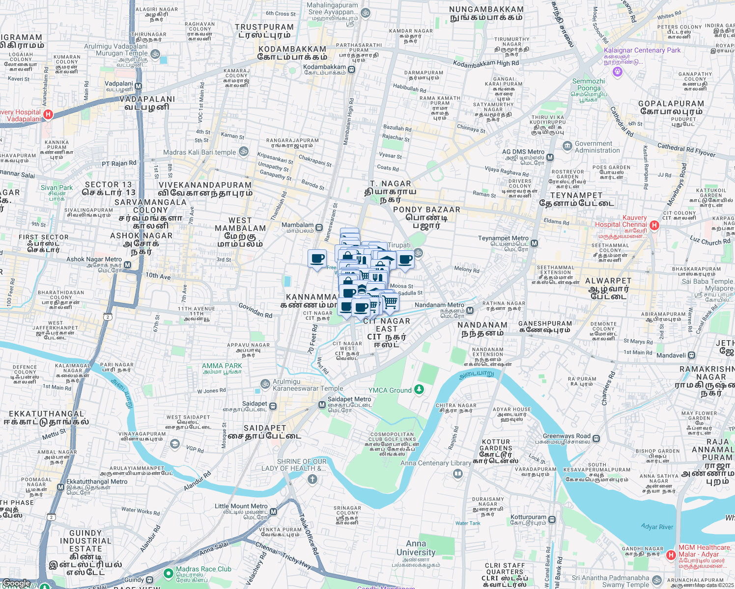 map of restaurants, bars, coffee shops, grocery stores, and more near 7-1-2 Sivaji Street in Chennai