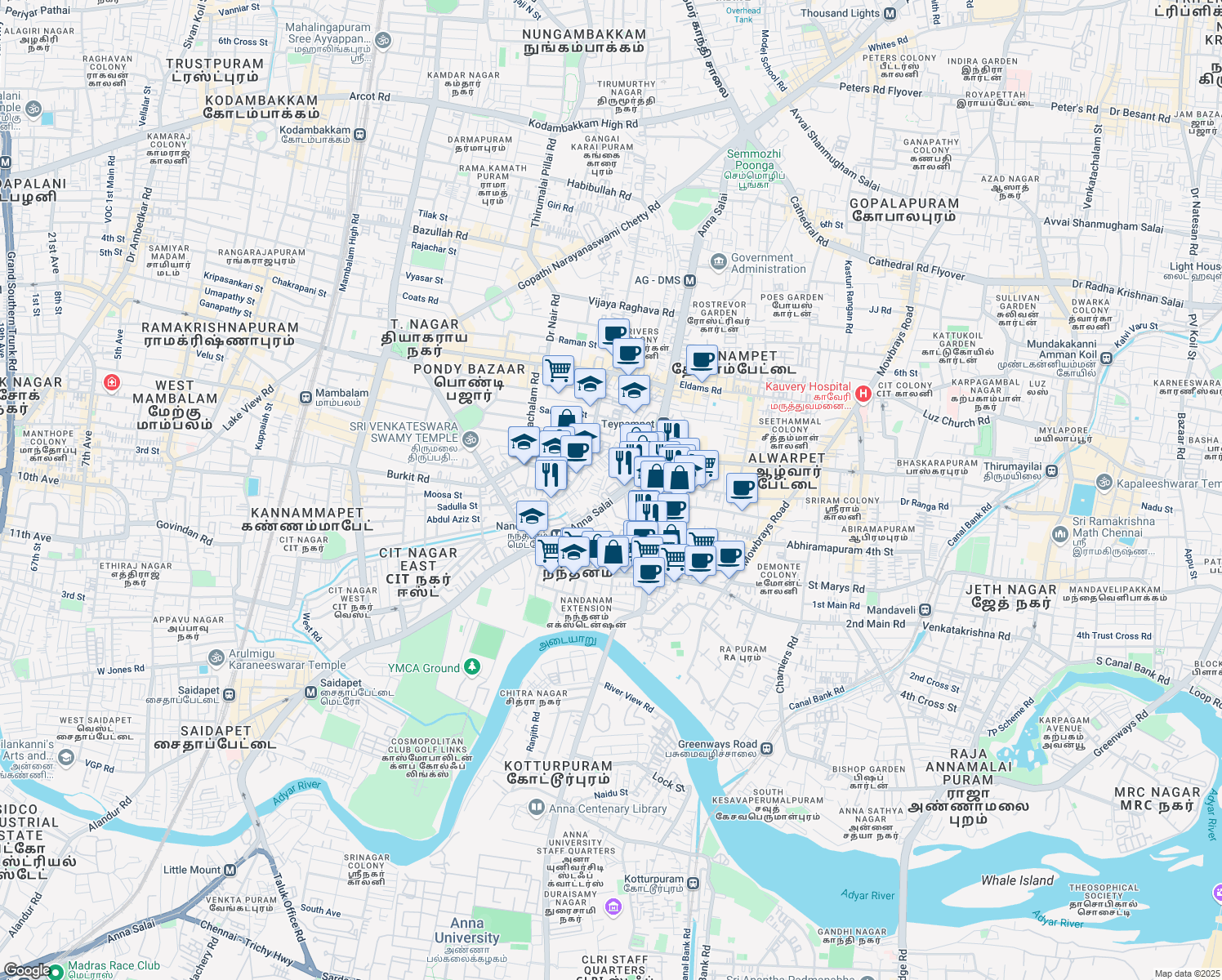 map of restaurants, bars, coffee shops, grocery stores, and more near 636 Anna Salai in Chennai