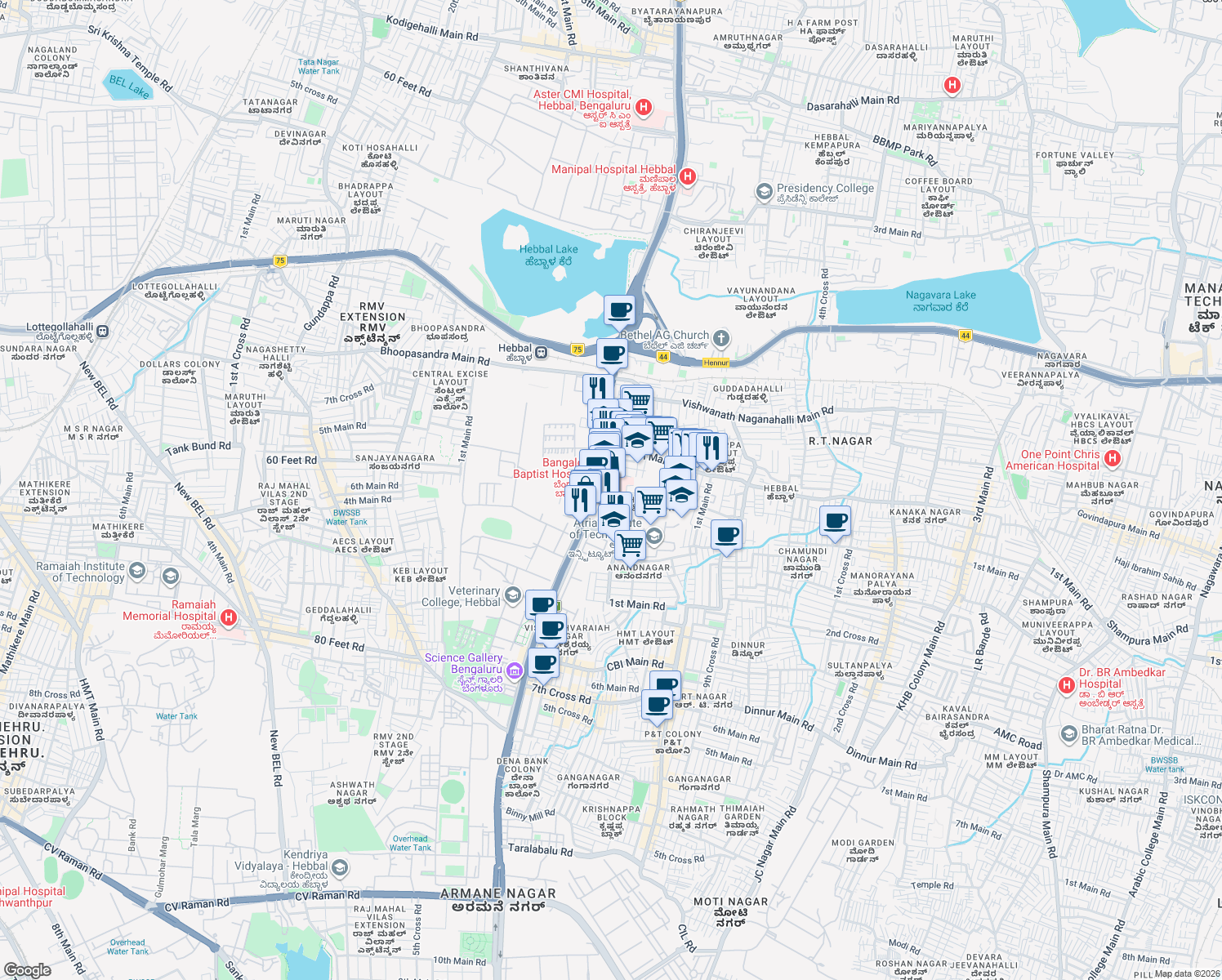 map of restaurants, bars, coffee shops, grocery stores, and more near in Bengaluru