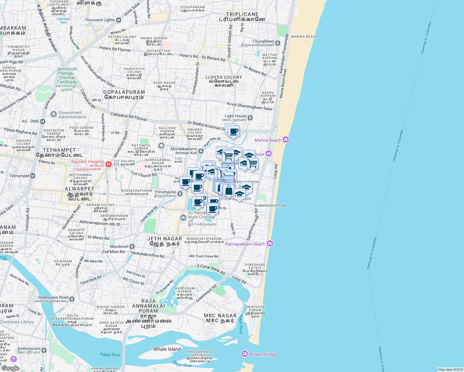 map of restaurants, bars, coffee shops, grocery stores, and more near 15/47 Papanasam Sivan Salai in Chennai