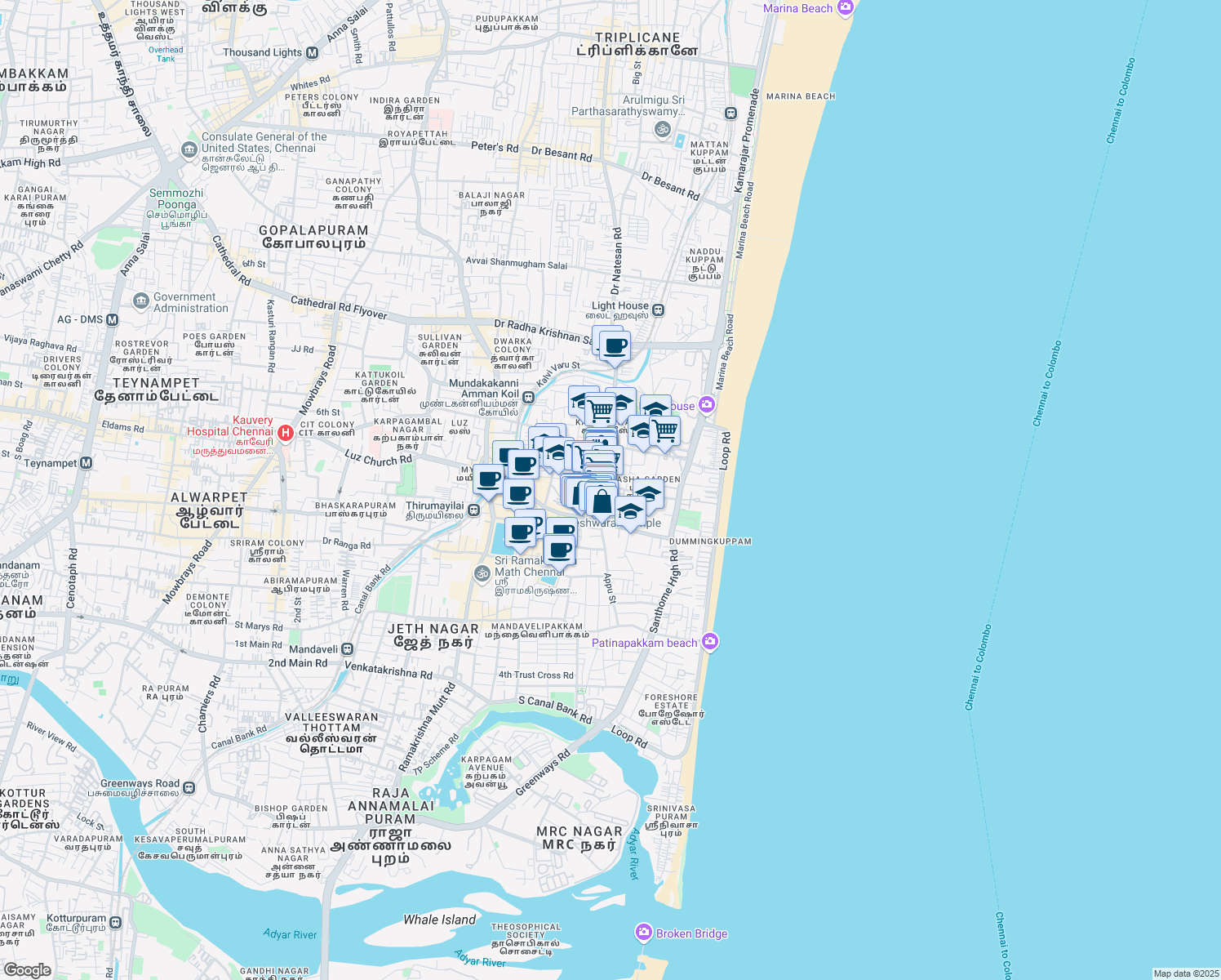 map of restaurants, bars, coffee shops, grocery stores, and more near 15/47 Papanasam Sivan Salai in Chennai