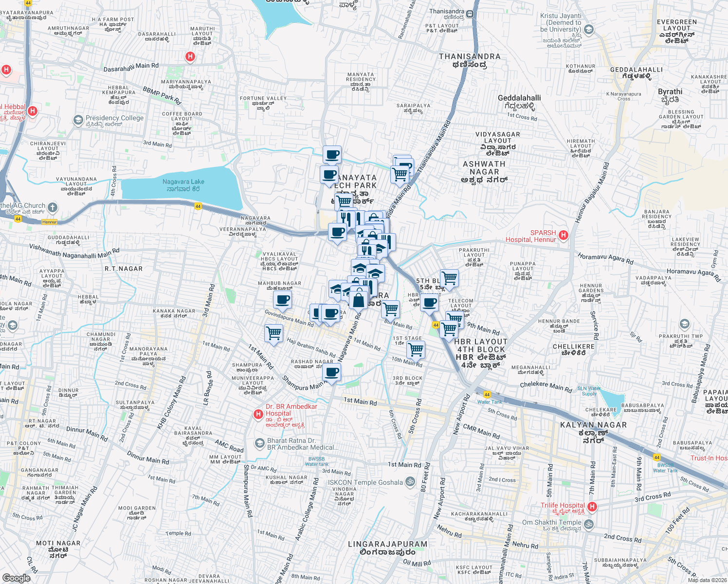 map of restaurants, bars, coffee shops, grocery stores, and more near Nagawara Main Road in Bengaluru