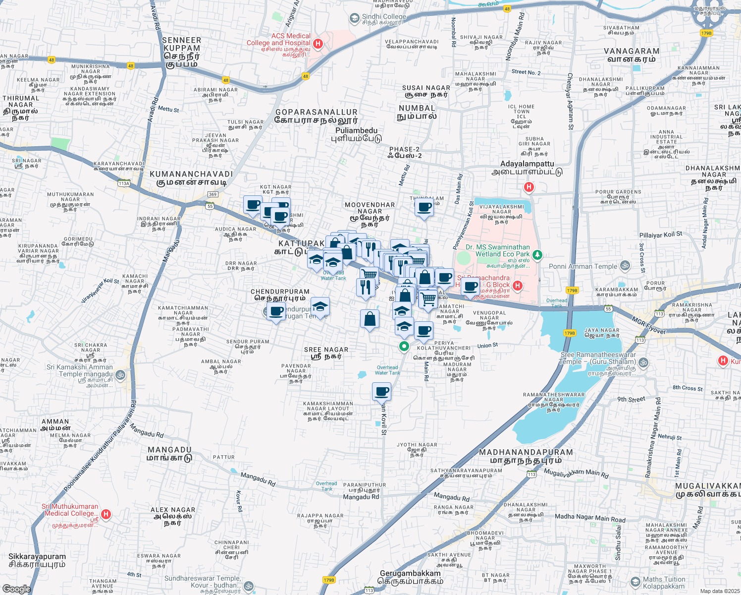 map of restaurants, bars, coffee shops, grocery stores, and more near 1st Cross Street in Chennai