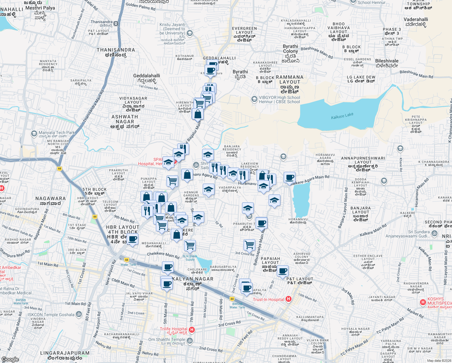 map of restaurants, bars, coffee shops, grocery stores, and more near 38 Horamavu Agara Road in Bengaluru