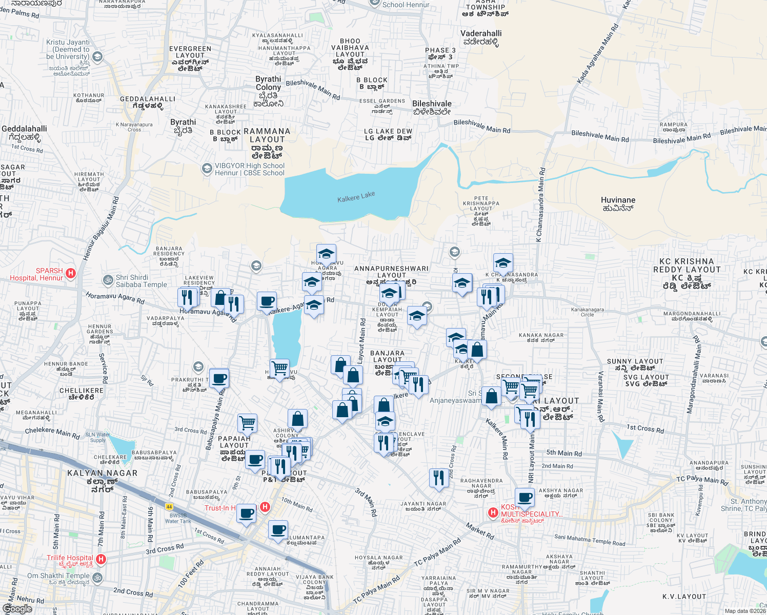 map of restaurants, bars, coffee shops, grocery stores, and more near Kalkere-Agara Main Road in Bengaluru