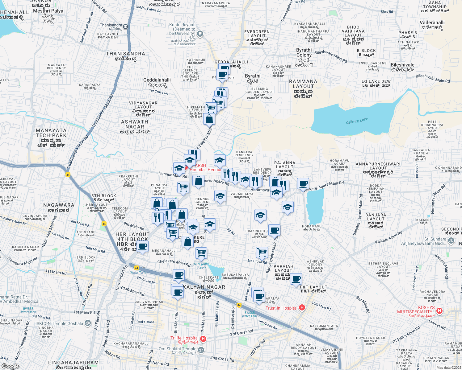 map of restaurants, bars, coffee shops, grocery stores, and more near 38 Horamavu Agara Road in Bengaluru