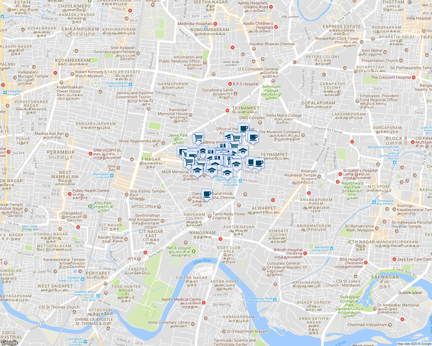 map of restaurants, bars, coffee shops, grocery stores, and more near Chevalier Shivaji Ganesan Street in Chennai