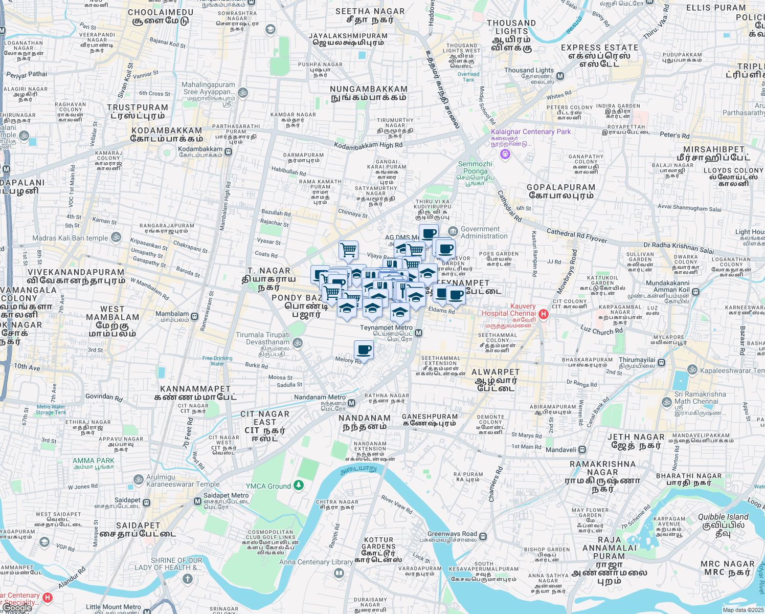 map of restaurants, bars, coffee shops, grocery stores, and more near Chevalier Shivaji Ganesan Street in Chennai