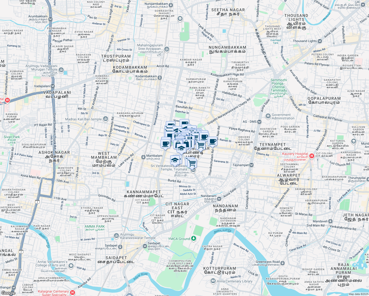 map of restaurants, bars, coffee shops, grocery stores, and more near Nana Street in Chennai
