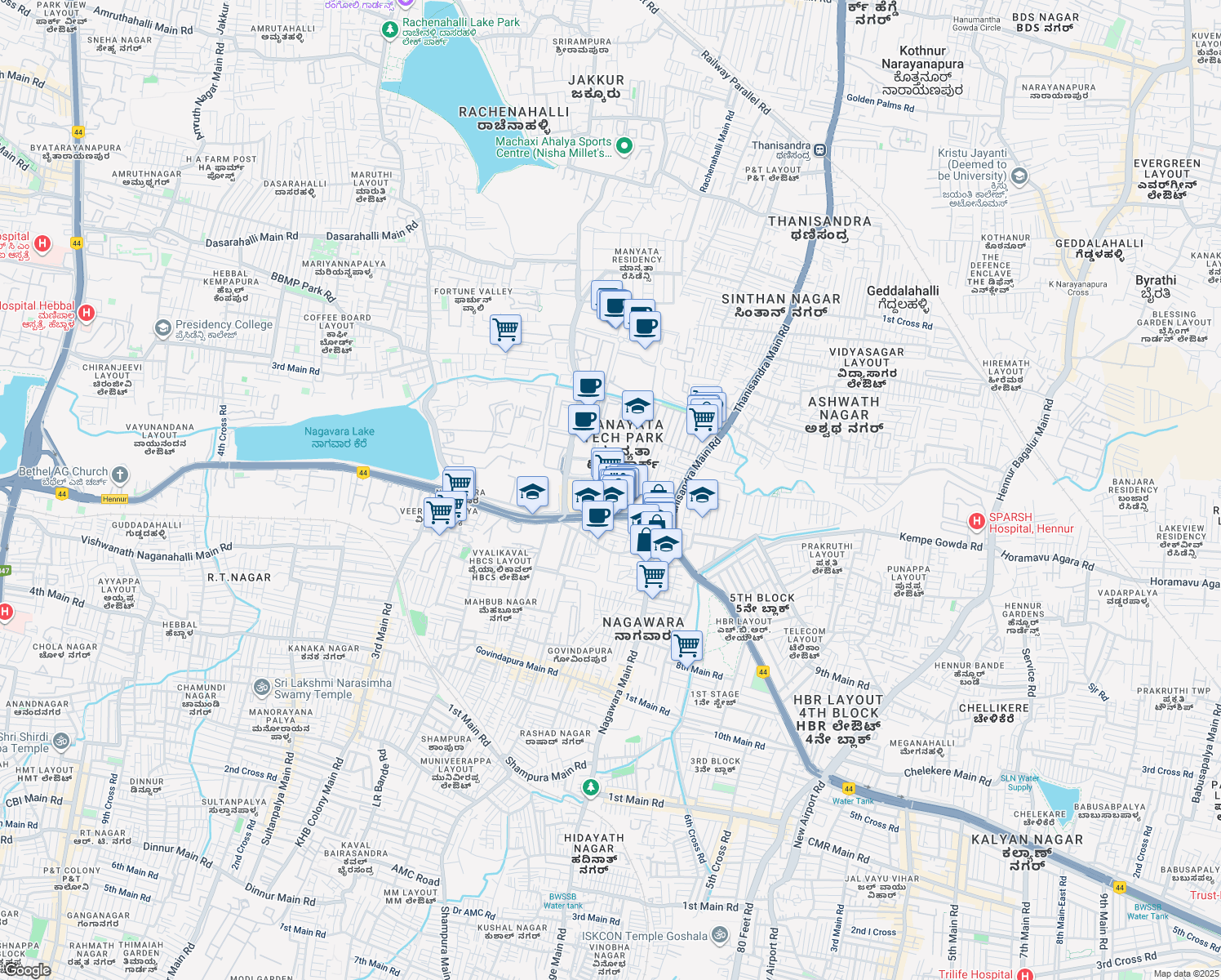 map of restaurants, bars, coffee shops, grocery stores, and more near in Bengaluru
