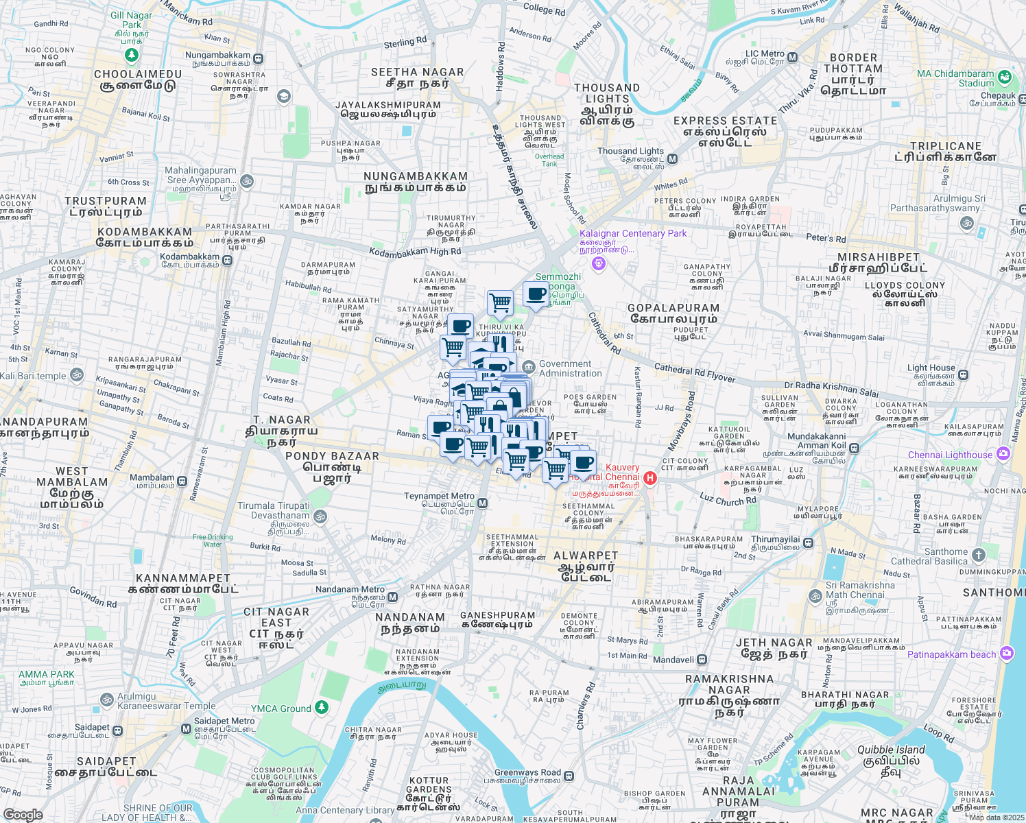 map of restaurants, bars, coffee shops, grocery stores, and more near 365 Anna Salai in Chennai