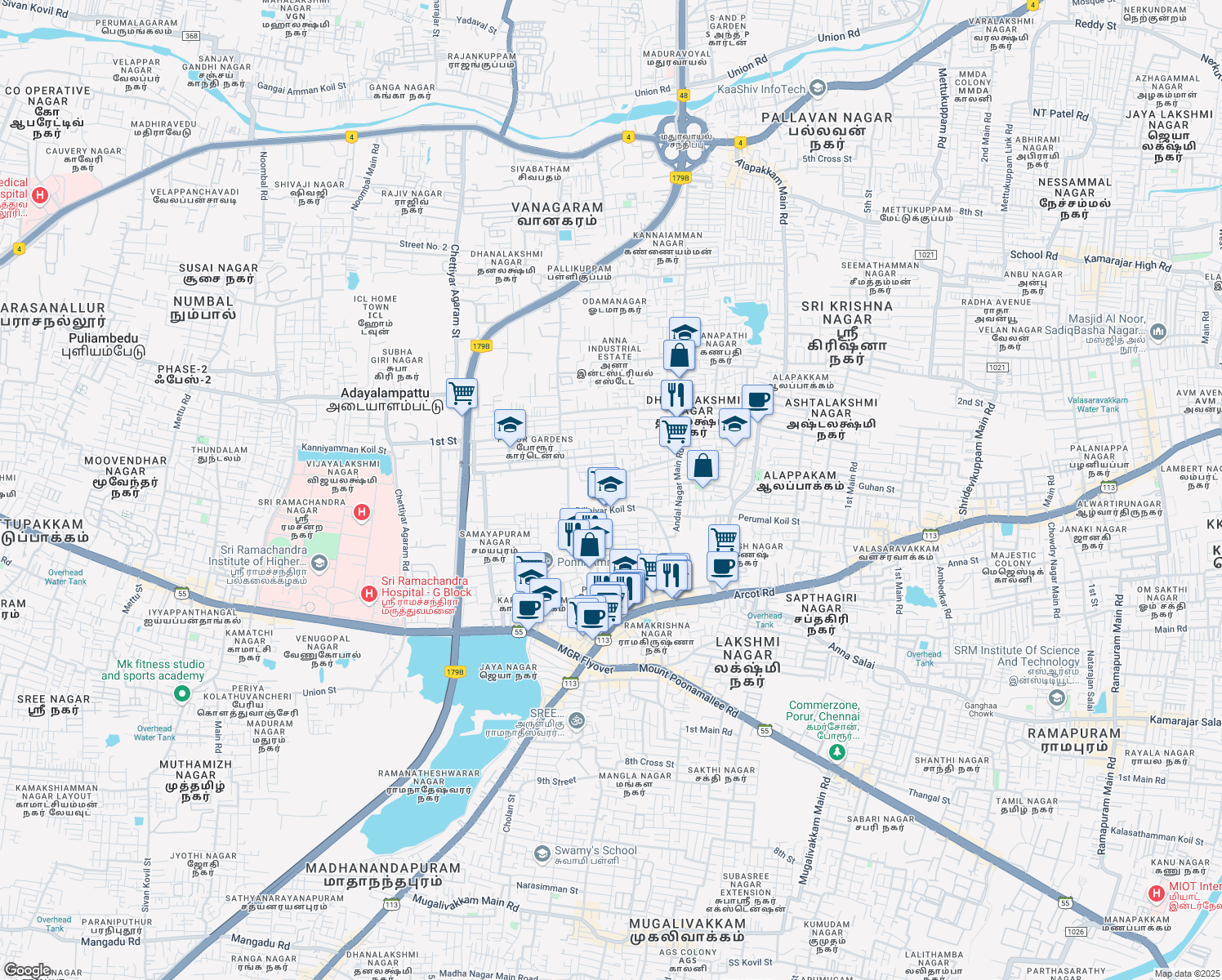 map of restaurants, bars, coffee shops, grocery stores, and more near Sundaresan Nagar in Chennai