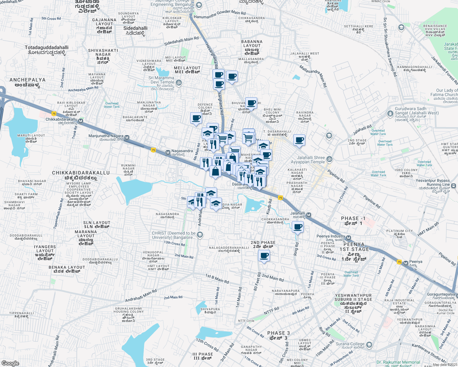 map of restaurants, bars, coffee shops, grocery stores, and more near village in Bengaluru