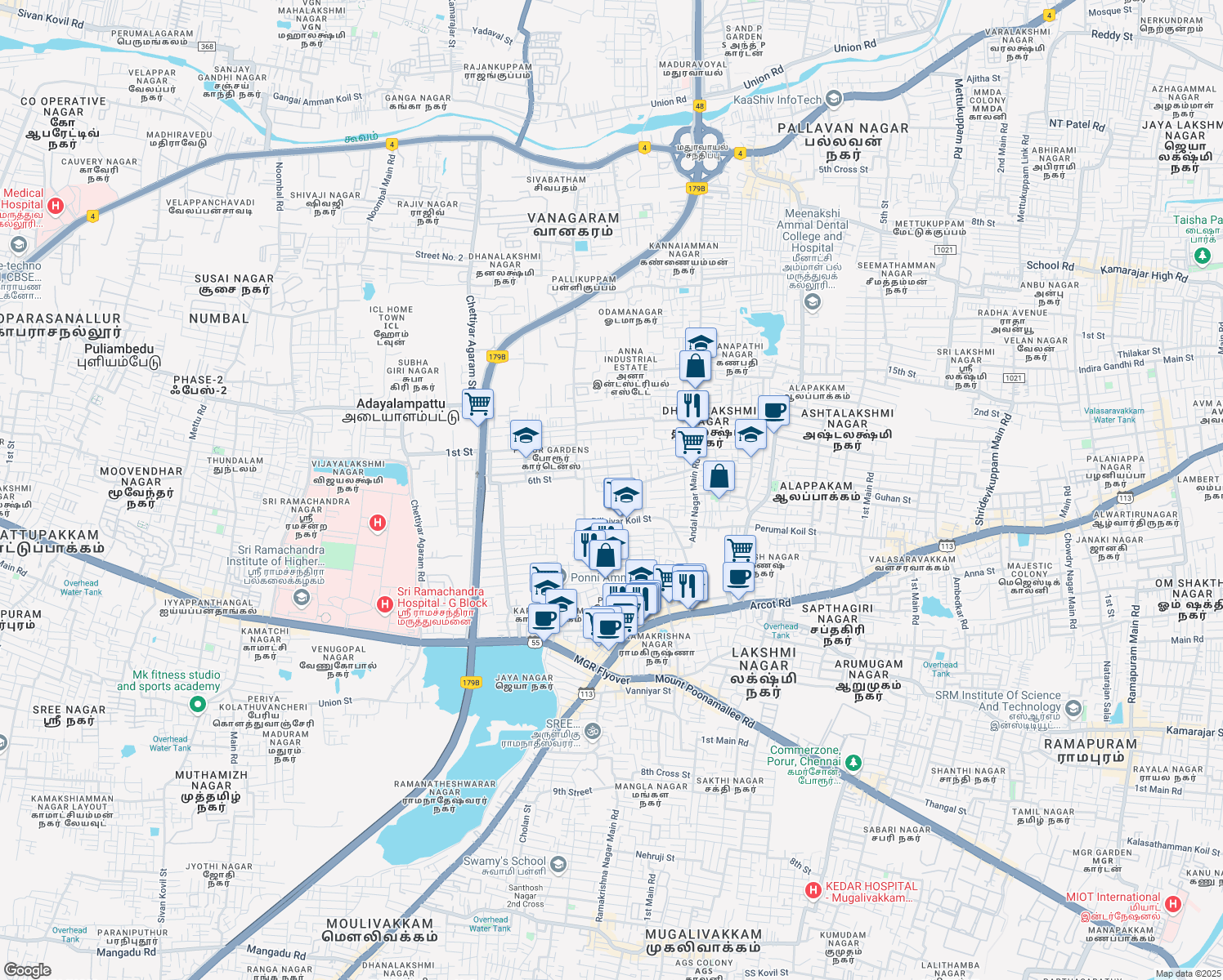 map of restaurants, bars, coffee shops, grocery stores, and more near Sundaresan Nagar in Chennai