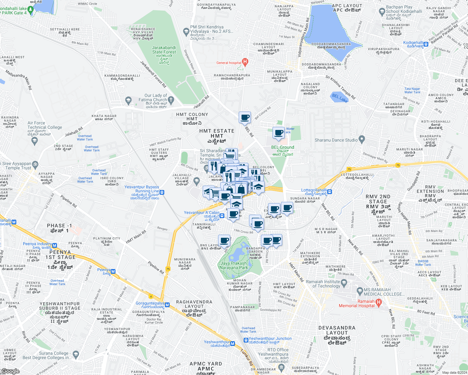 map of restaurants, bars, coffee shops, grocery stores, and more near 529 6th Cross Road in Bengaluru