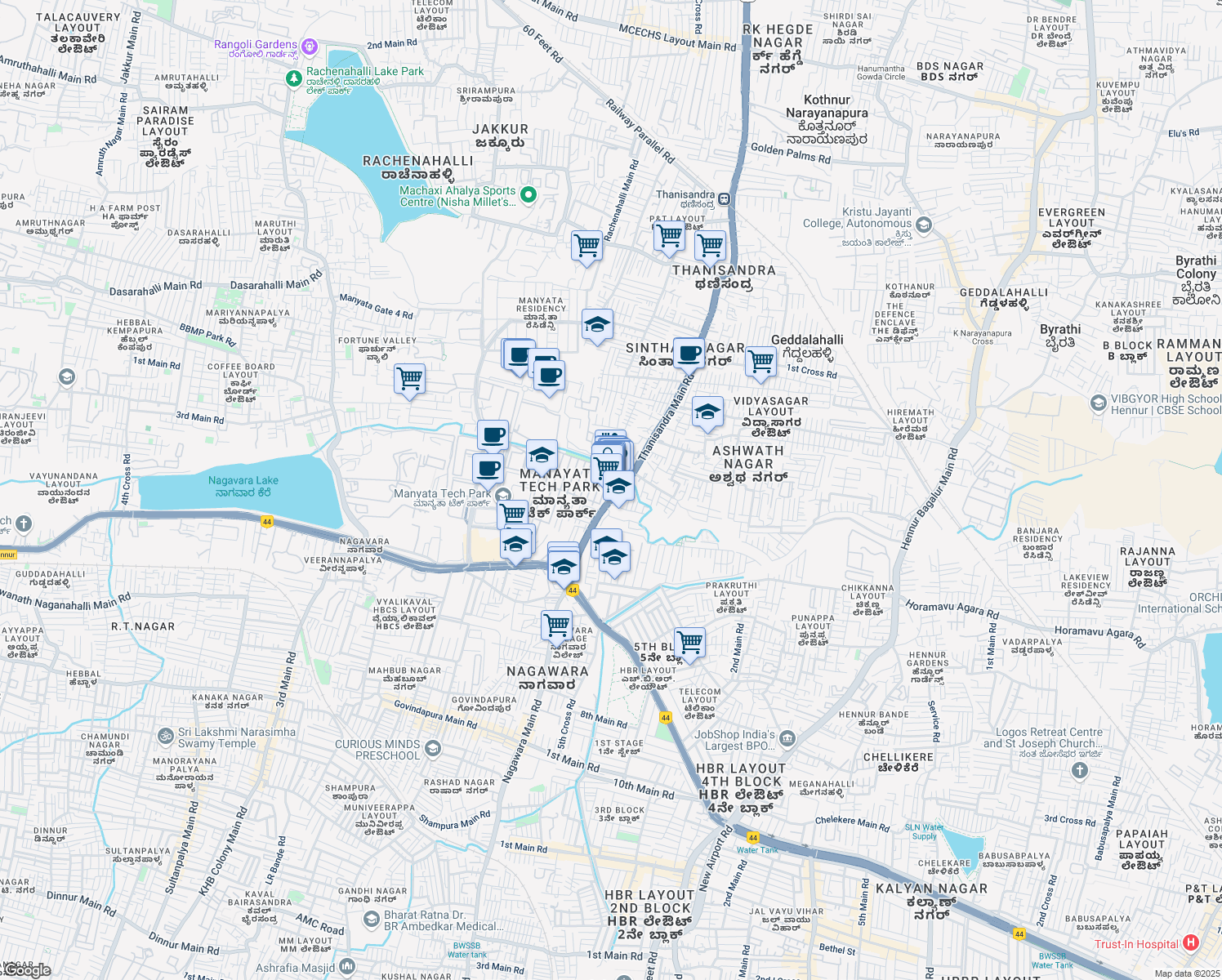 map of restaurants, bars, coffee shops, grocery stores, and more near 100 Thanisandra Main Road in Bengaluru