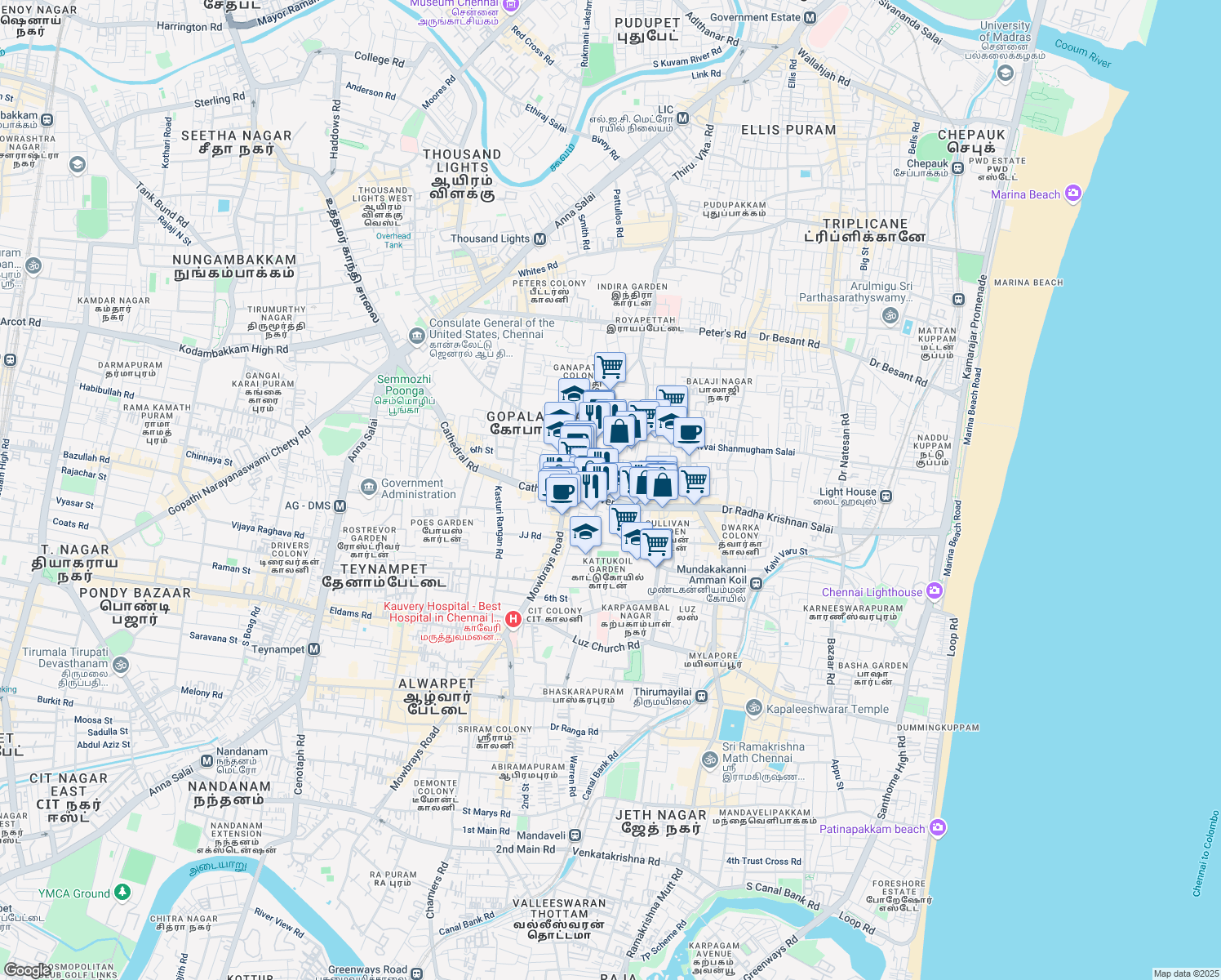 map of restaurants, bars, coffee shops, grocery stores, and more near 72-75 Doctor Radha Krishnan Salai in Chennai