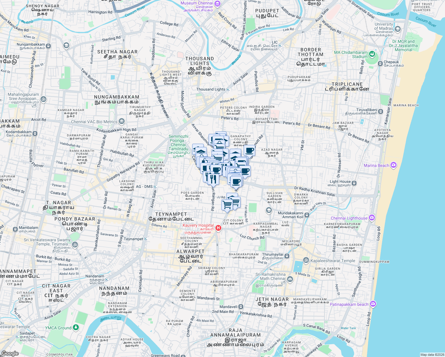 map of restaurants, bars, coffee shops, grocery stores, and more near Cathedral Road in Chennai