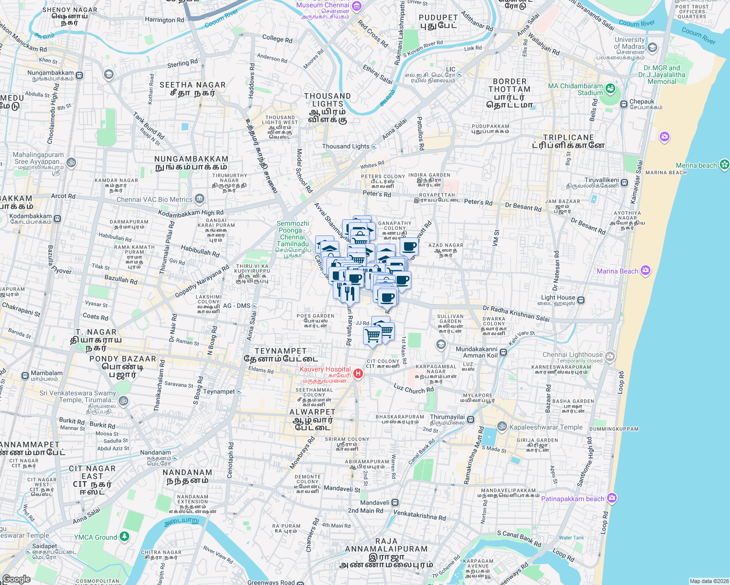 map of restaurants, bars, coffee shops, grocery stores, and more near Cathedral Road in Chennai