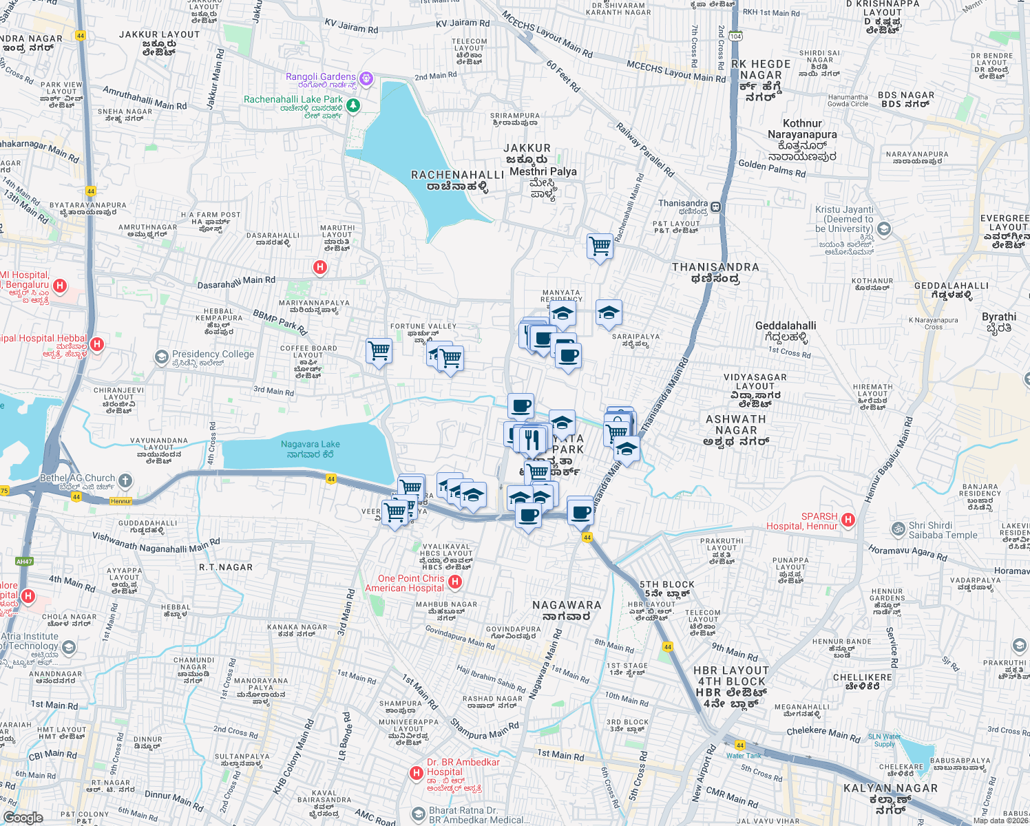 map of restaurants, bars, coffee shops, grocery stores, and more near Manyata Tech Park Road in Bengaluru
