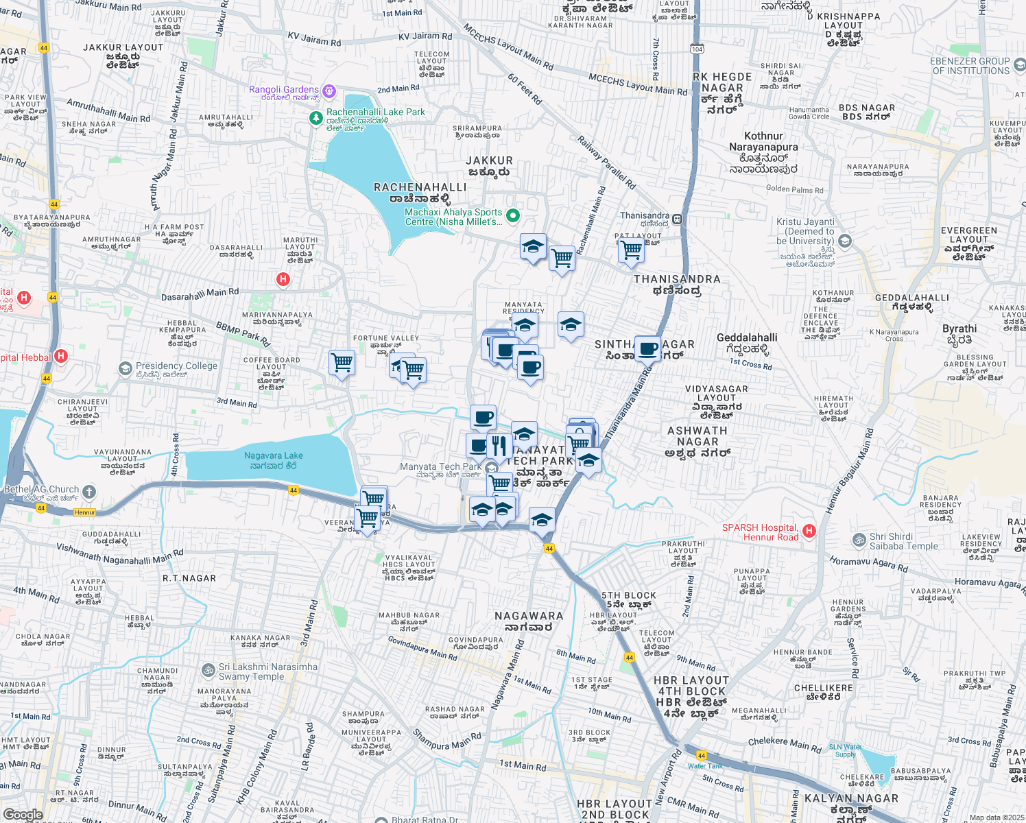 map of restaurants, bars, coffee shops, grocery stores, and more near Manyata Tech Park Road in Bengaluru
