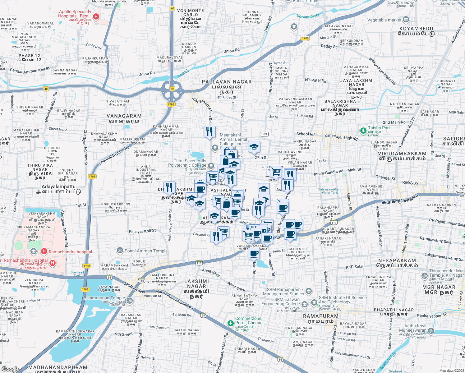 map of restaurants, bars, coffee shops, grocery stores, and more near 14 3rd Main Road in Chennai