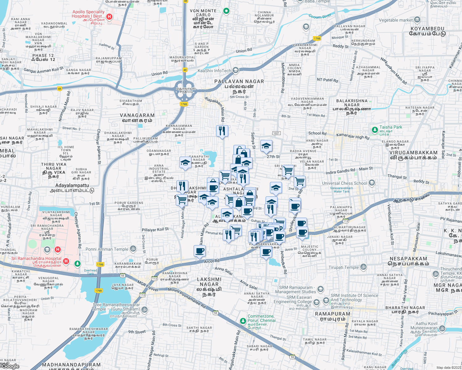 map of restaurants, bars, coffee shops, grocery stores, and more near 573 Alapakkam 18th Street in Chennai