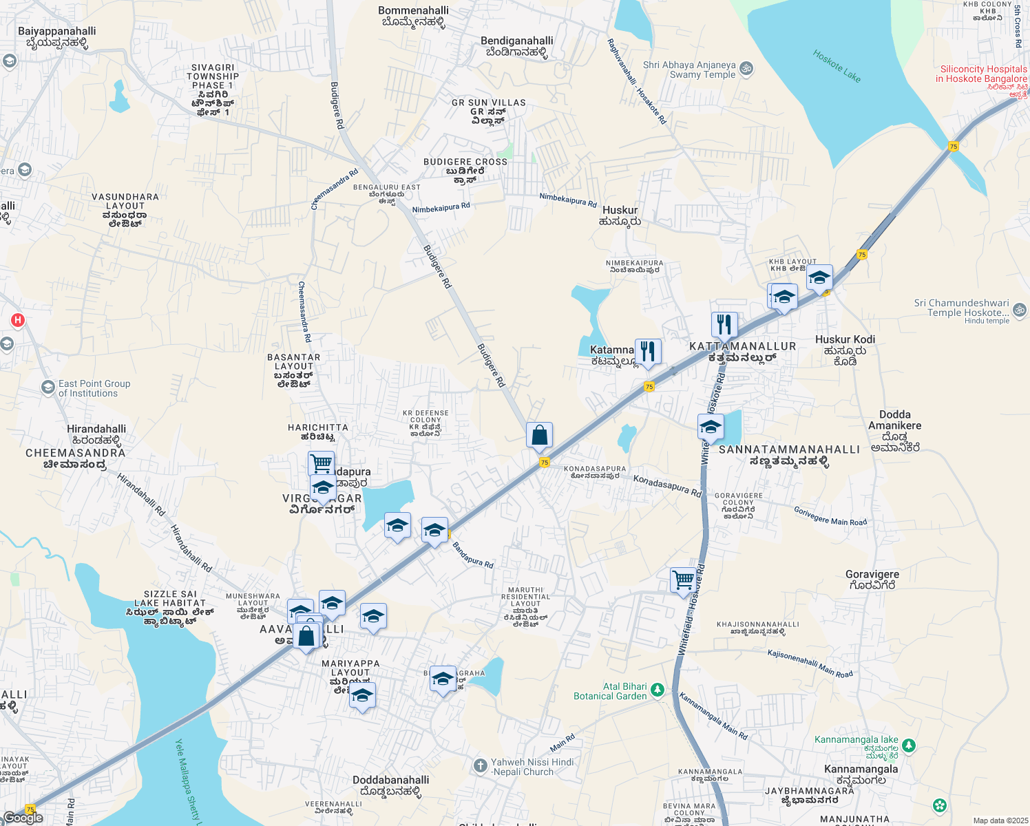 map of restaurants, bars, coffee shops, grocery stores, and more near Budigere Road in Bengaluru