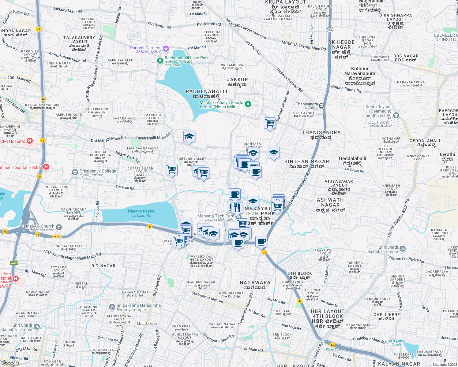 map of restaurants, bars, coffee shops, grocery stores, and more near Manyata Tech Park Road in Bengaluru