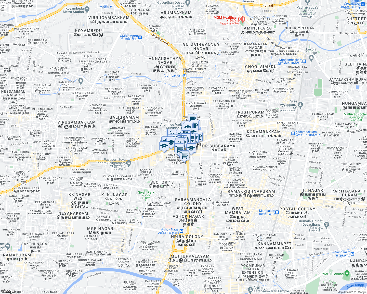 map of restaurants, bars, coffee shops, grocery stores, and more near Arcot Road in Chennai