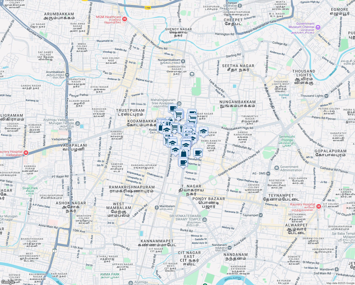 map of restaurants, bars, coffee shops, grocery stores, and more near 40 Unnamalai Ammal Street in Chennai