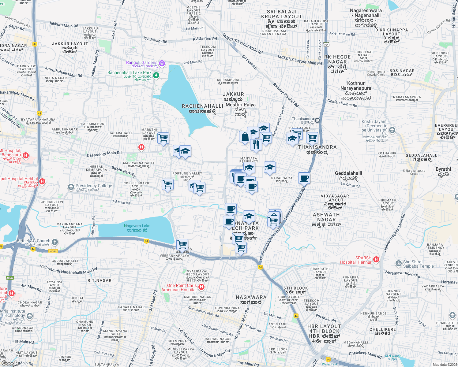 map of restaurants, bars, coffee shops, grocery stores, and more near in Bengaluru