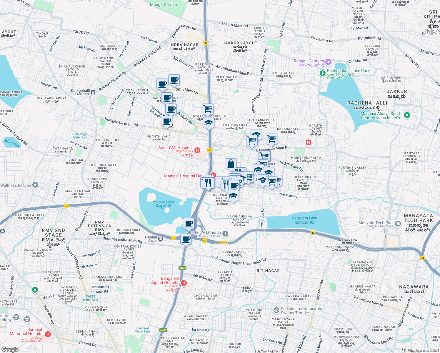 map of restaurants, bars, coffee shops, grocery stores, and more near Bellary Road in Bengaluru