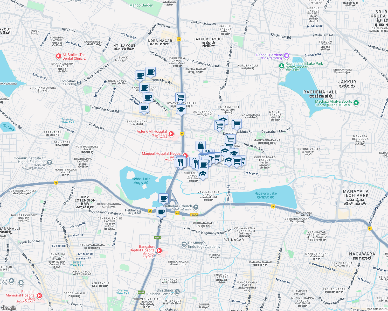 map of restaurants, bars, coffee shops, grocery stores, and more near Bellary Road in Bengaluru