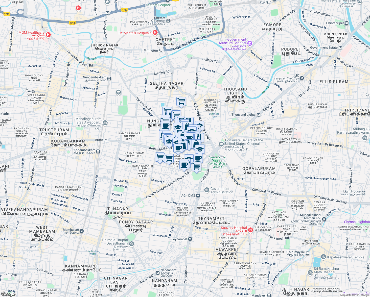 map of restaurants, bars, coffee shops, grocery stores, and more near in Chennai
