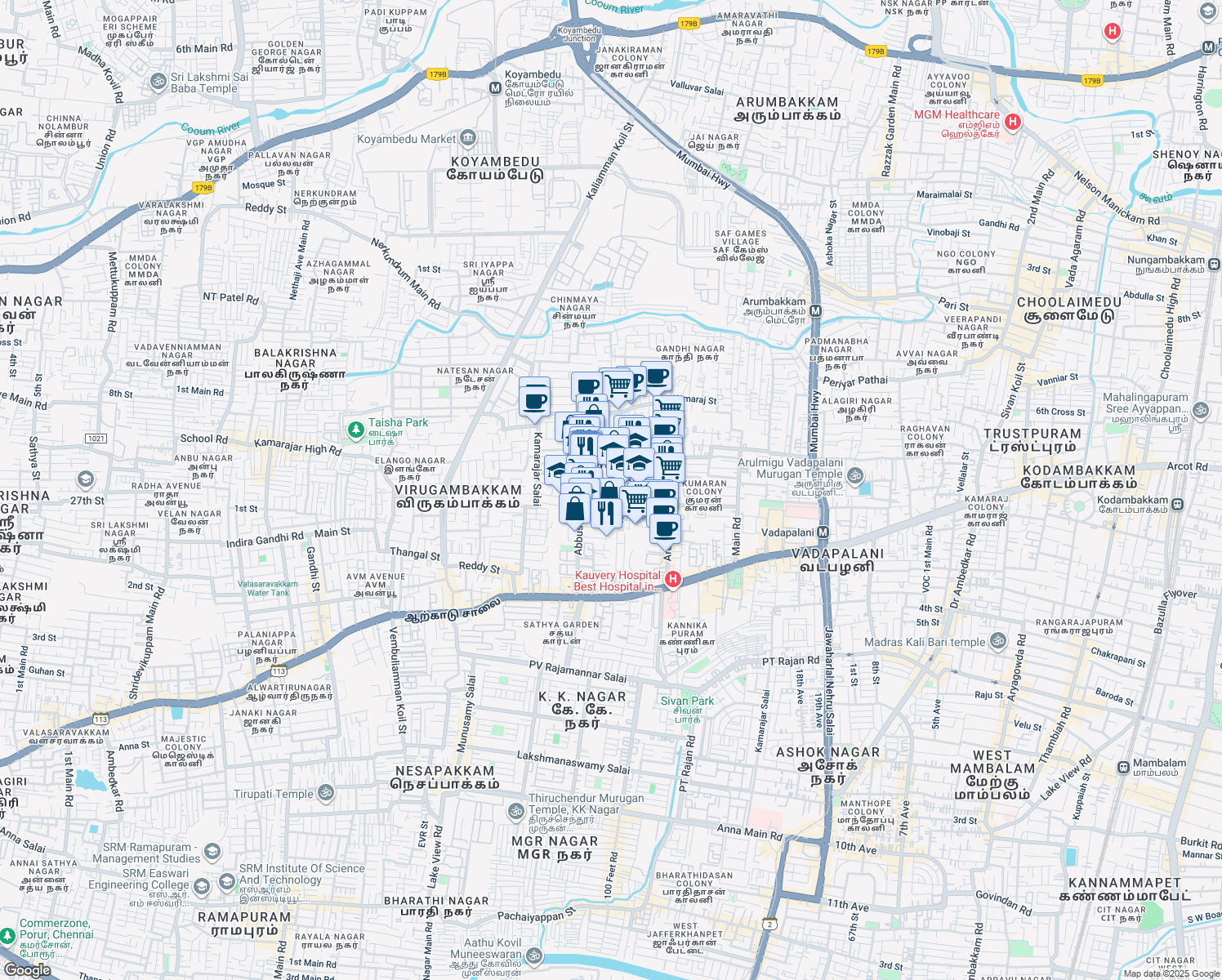 map of restaurants, bars, coffee shops, grocery stores, and more near 156-157 MGR Street in Chennai
