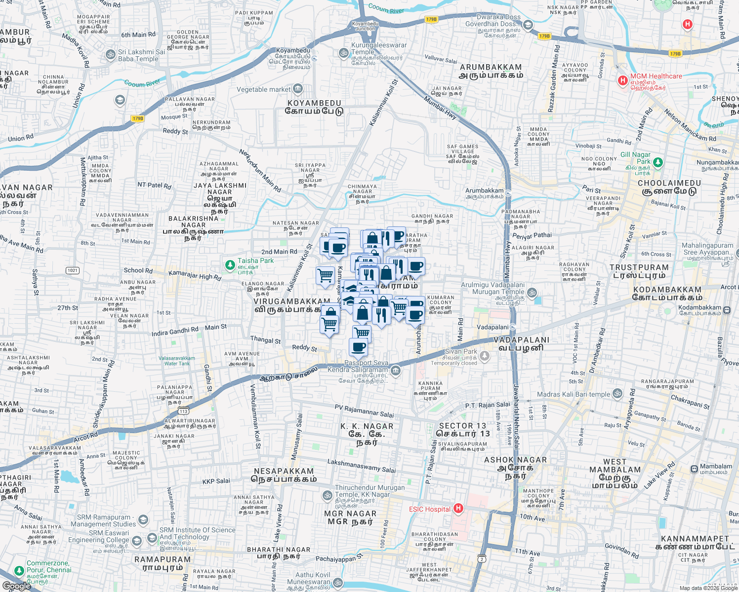 map of restaurants, bars, coffee shops, grocery stores, and more near in Chennai