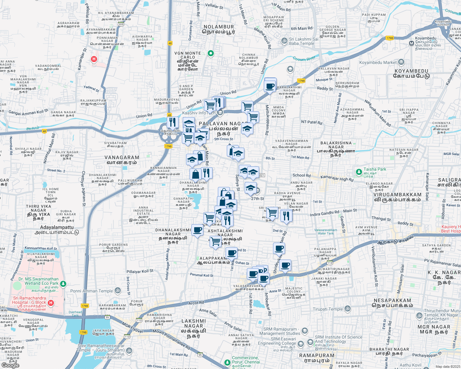 map of restaurants, bars, coffee shops, grocery stores, and more near in Tiruvallur