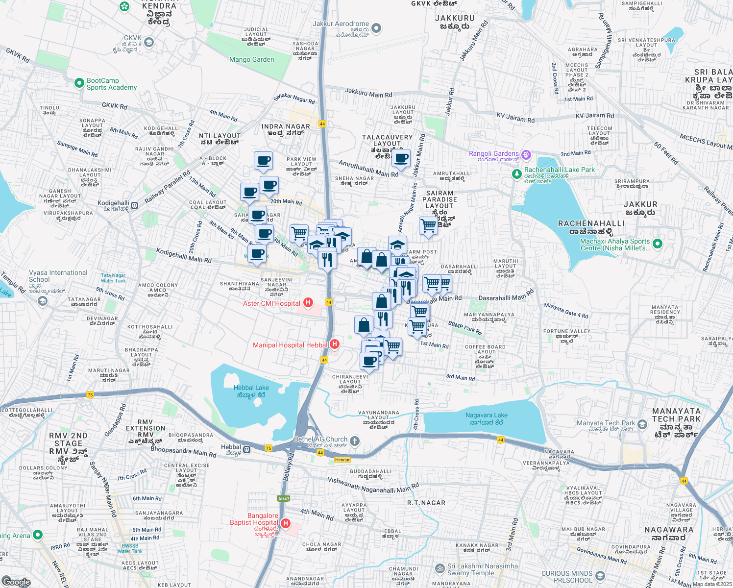 map of restaurants, bars, coffee shops, grocery stores, and more near North Outer Ring Road in Bengaluru