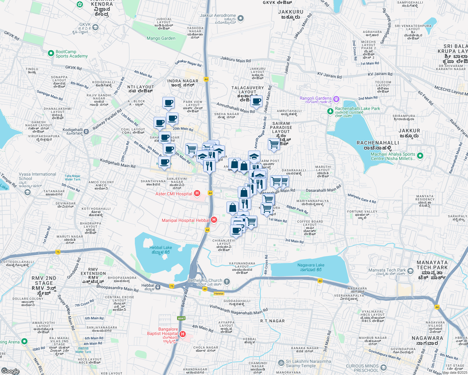 map of restaurants, bars, coffee shops, grocery stores, and more near North Outer Ring Road in Bengaluru