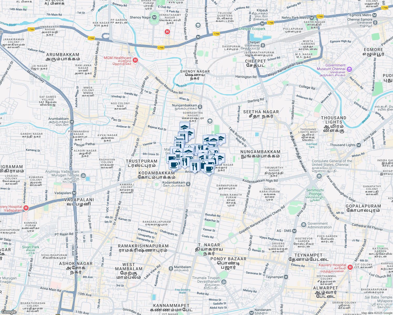 map of restaurants, bars, coffee shops, grocery stores, and more near Madhavan Nair Road in Chennai
